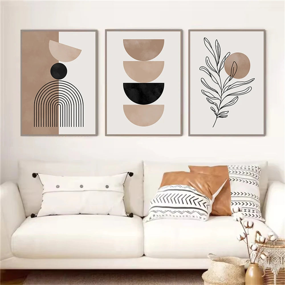 Bohemia Black Brown Geometric Canvas Painting Abstract Modern Line Poster Plant Wall Art Print Picture Living Room Home Decor