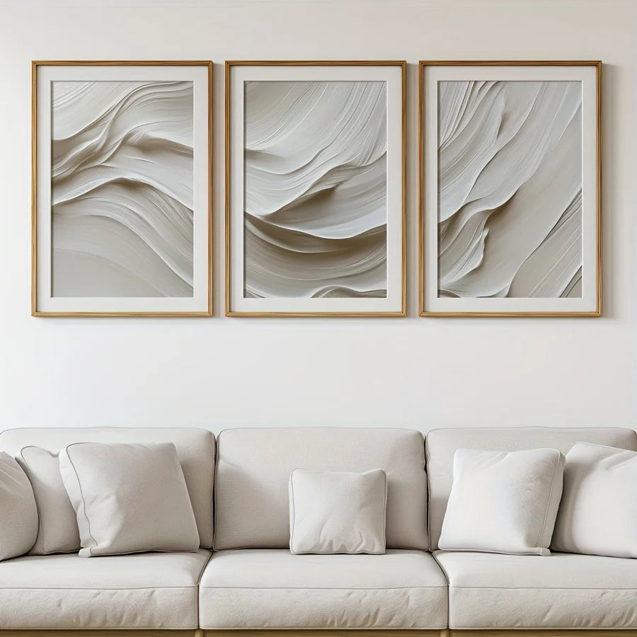 Simple Canvas Print White Wave Abstract Wall Art Poster Modern Living Room Bedroom Home Decor 3pcs/set Neutral Beige Soft Tone