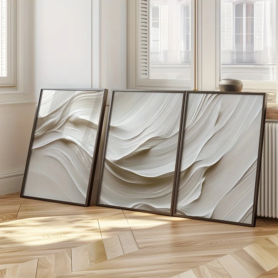 Simple Canvas Print White Wave Abstract Wall Art Poster Modern Living Room Bedroom Home Decor 3pcs/set Neutral Beige Soft Tone