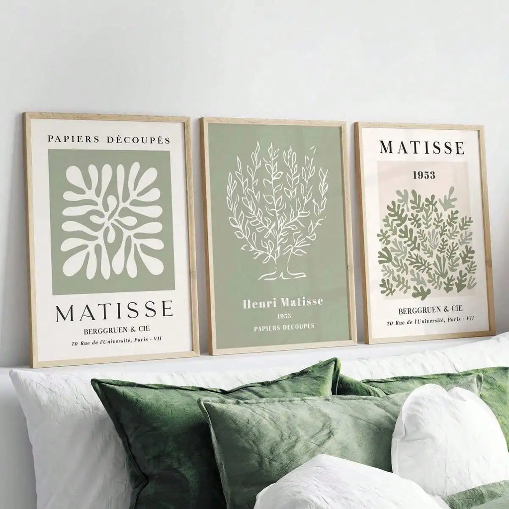 Set of 3 Sage Green Spring Flower Matisse Wall Art Canvas, Green Plant Print Poster, Bohemian Wall Art, Matisse Art Gallery Wall, Henry Matisse Print, Minimalist Modern Home Decoration, Wall Decoration, Living Room Gift, Bedroom Aesthetic Wall Art, Frame